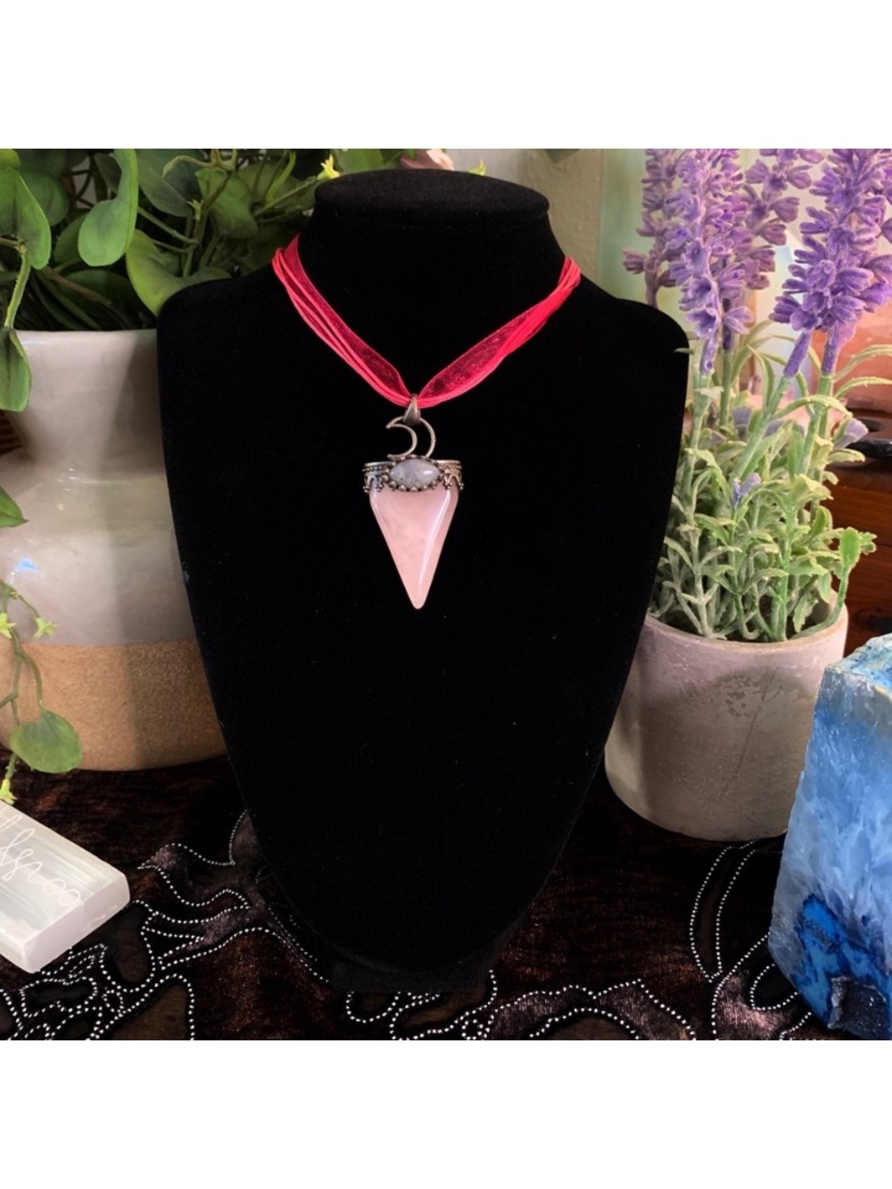 Pink Rose Quartz Pendant Necklace with Crescent Accent
